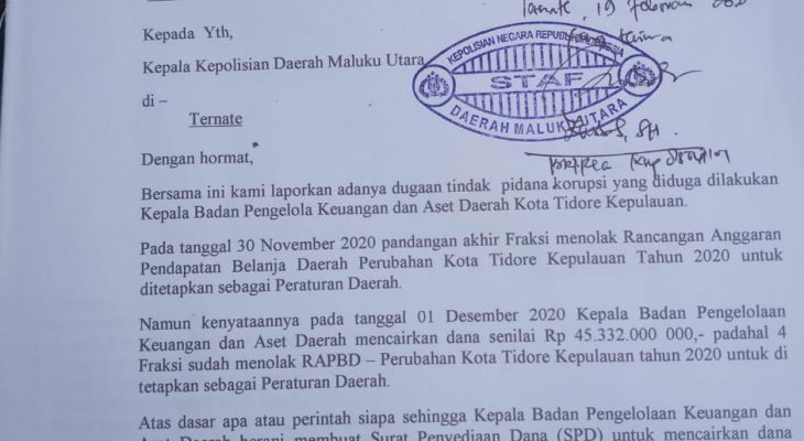 Kepala BPKAD Tikep Resmi Dilaporkan Ke Polda Malut