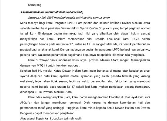 LPTQ Malut Soroti Nilai Syarhil 85,75: “Kami Hanya Mengharapkan Keadilan”