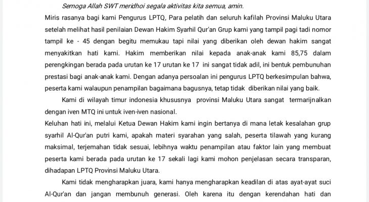 LPTQ Malut Soroti Nilai Syarhil 85,75: “Kami Hanya Mengharapkan Keadilan”